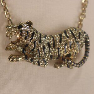 Vtg 80's Panther Leopard Cougar Tiger Gold Rhinestone Necklace Chain Bling Large